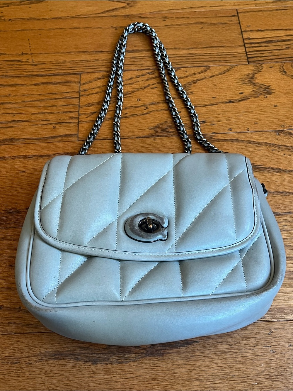 Coach Quilted Silver Leather Shoulder Bag with Chain Strap